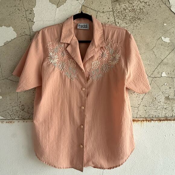 Vintage Cottagecore Embroidered Lounge Set Peach Button Shirt Pants - Picture 5 of 8